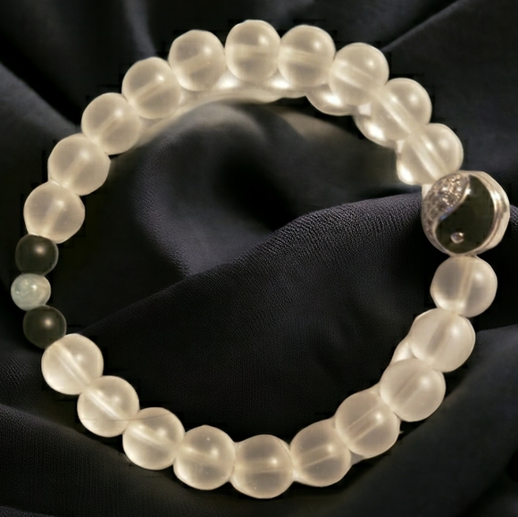 Opalite, Onyx & Aquamarine Handcrafted Beaded  Yin Yang Bracelet - Picture 3 of 11